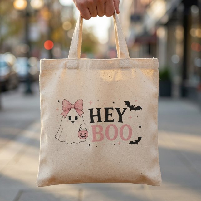 Coquette Pink Hey Boo Ghost Halloween Tote Bag (Creator Uploaded)