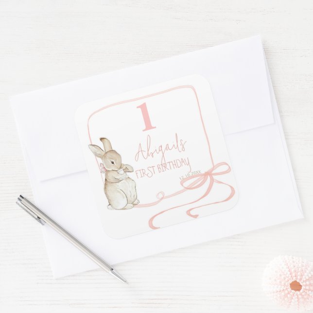Coquette Pink Peter the Rabbit 1st Birthday  Square Sticker (Envelope)