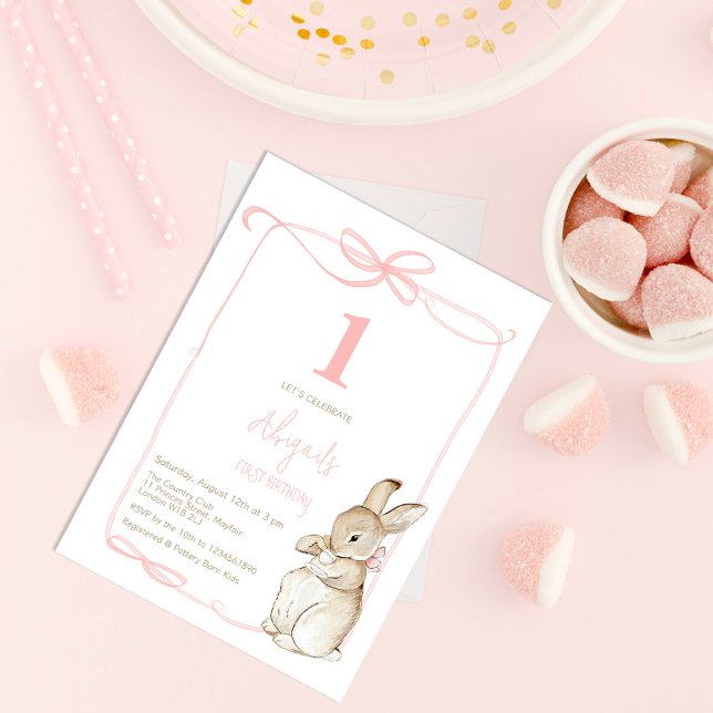 Coquette Pink Peter the Rabbit Girl 1st Birthday Invitation (Creator Uploaded)