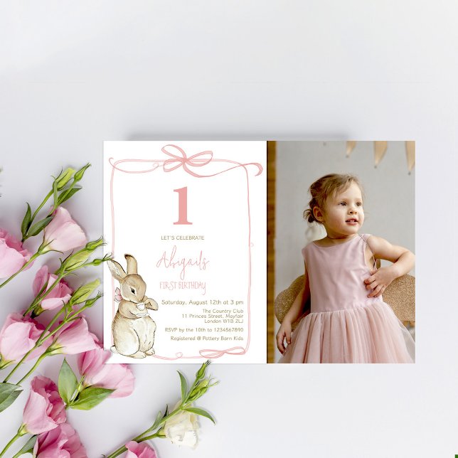 Coquette Pink Peter the Rabbit Photo 1st Birthday Invitation (Creator Uploaded)