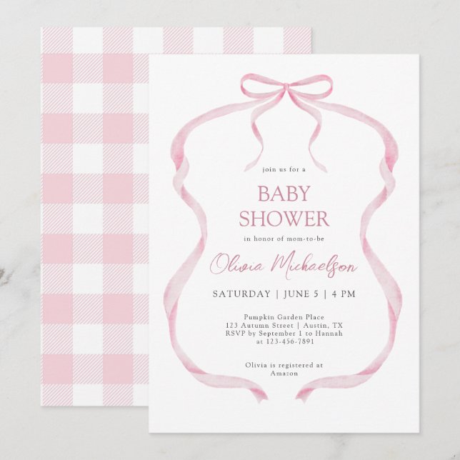 Coquette Pink Plaid Ribbon Bow Girl Baby Shower Invitation (Front/Back)