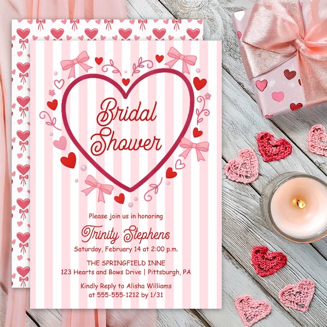 Coquette Pink | Red Hearts and Bows Bridal Shower Invitation (Pink | Red Coquette Hearts and Bows with Pink | White Stripes Bridal Shower Invitation Print Digital)