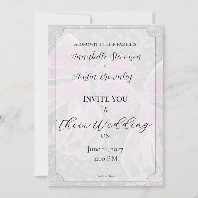 Coquette pink Sheer bow Bouquet Wedding Invitation (Front)