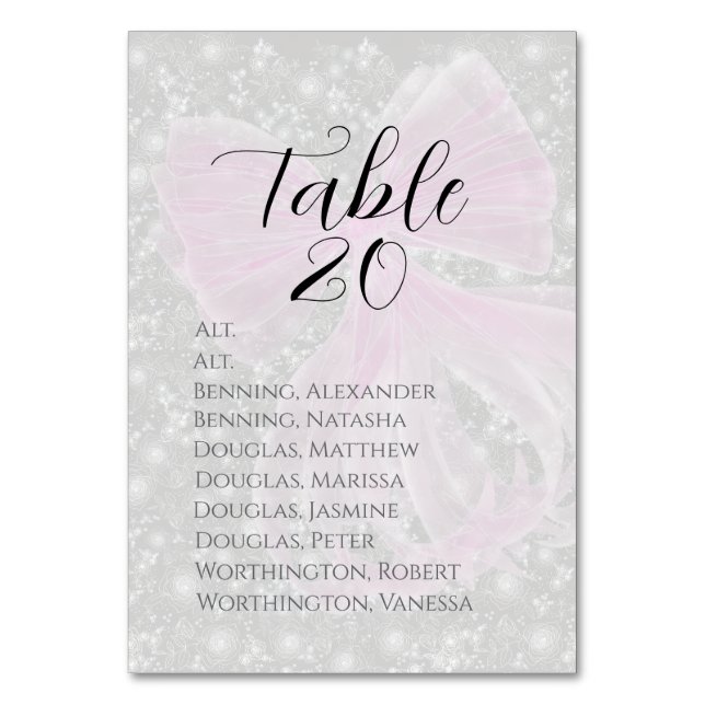 Coquette Pink Sheer bow -Table Assignment Table Number (Front)