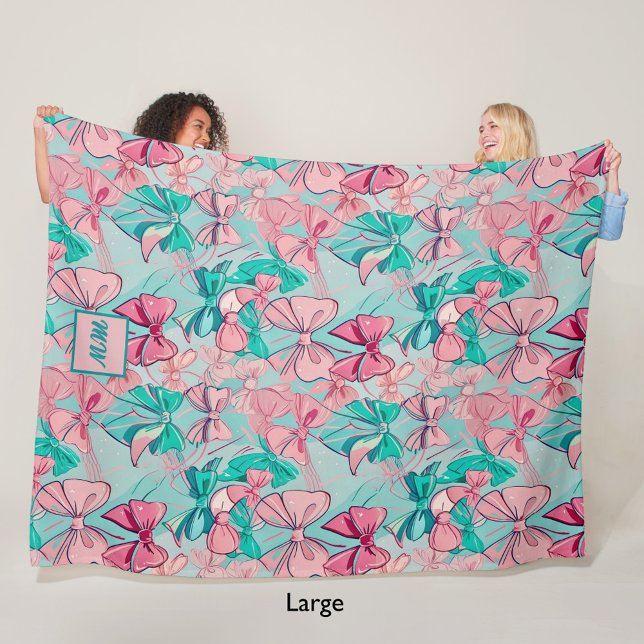  Coquette pink, teal, magenta bow-themed monogram Fleece Blanket (Creator Uploaded)