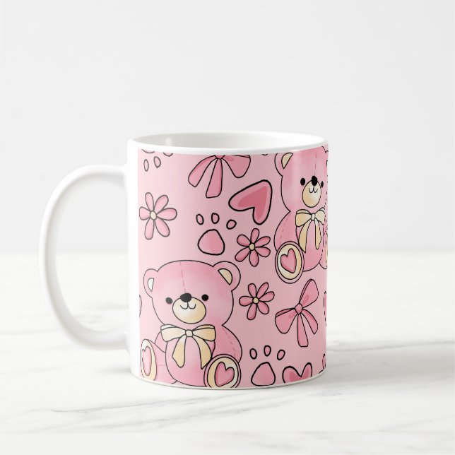 Coquette Pink Teddy Bear Seamless Pattern Coffee Mug (Left)