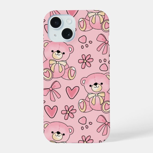 Coquette Pink Teddy Bear Seamless Pattern iPhone 15 Case (Back)