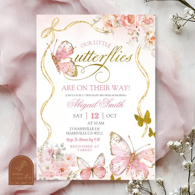 Coquette Pink Twin Butterflies Baby Shower Invitation (Creator Uploaded)