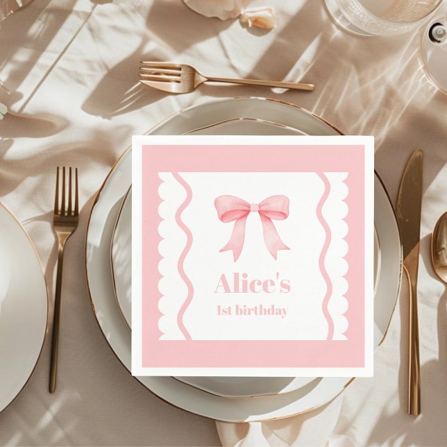 Coquette Pink Watercolor Bow 1st Birthday Napkin (Creator Uploaded)