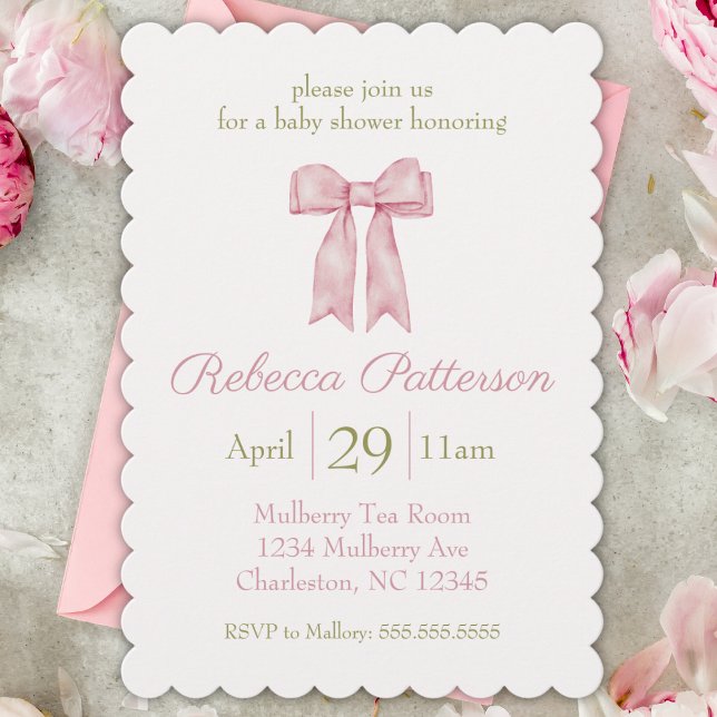 Coquette Pink Watercolor Bow Feminine Baby Shower Invitation (coquette aesthetic baby shower invitation cute pink tea party bow girly feminine sweet invite for he)