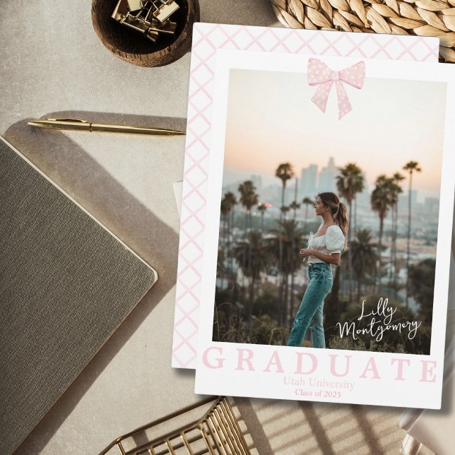 Coquette Pink White Bow Graduation Announcement (Creator Uploaded)