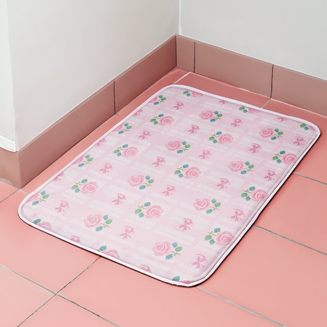 Coquette Plaid Ribbon & Rose Pink Bath Mat (pink bath mat with roses and ribbon on top of pink tile floor)