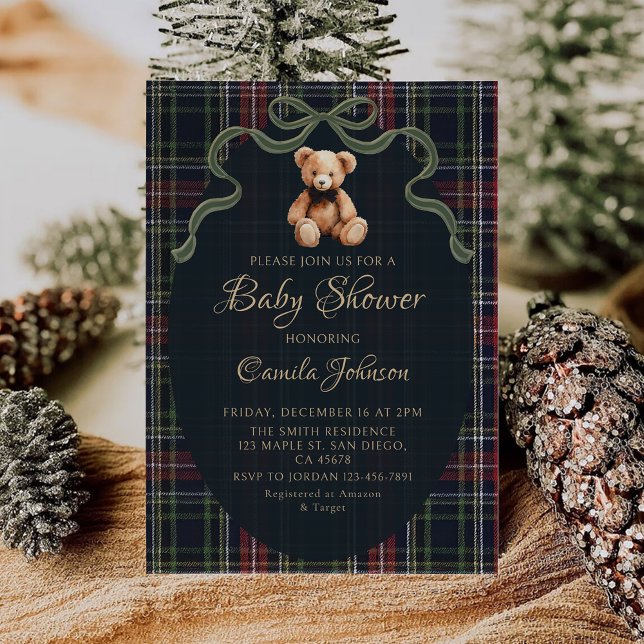Coquette Plaid Teddy Bear Baby Shower Invitation (Creator Uploaded)