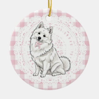 Coquette Pomeranian Dog Pink Gingham Bows Ceramic Tree Decoration