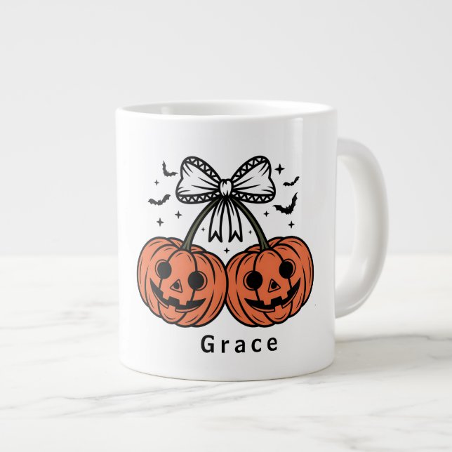 Coquette Pumpkin Cherries Personalised Halloween Large Coffee Mug (Front Right)