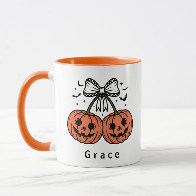 Coquette Pumpkin Cherries Personalised Halloween Mug (Left)