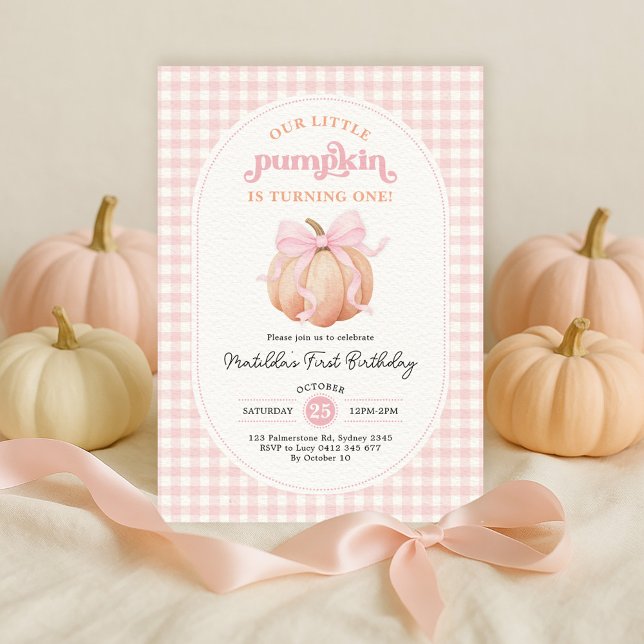 Coquette Pumpkin Pink Bow Girl 1st Birthday Party Invitation (Creator Uploaded)