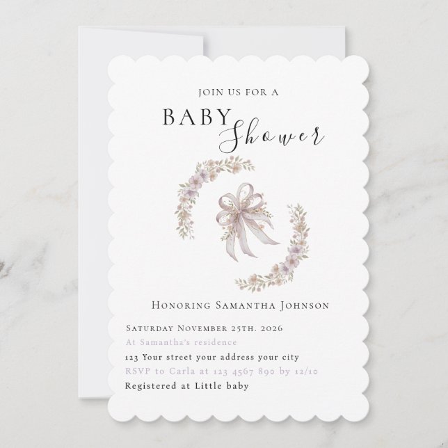 Coquette purple bow baby shower Invitation  (Front)