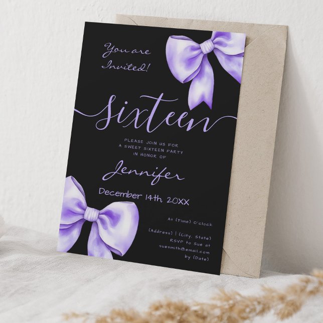 Coquette Purple Lavender Bow Sweet 16 Party Black Invitation (Coquette Purple Lavender Bow Sweet 16 Party Black Invitation)