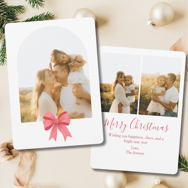 Coquette Red Bow Arch Preppy 3 Photo Christmas  Holiday Card (Coquette Red Bow Arched Christmas Card)