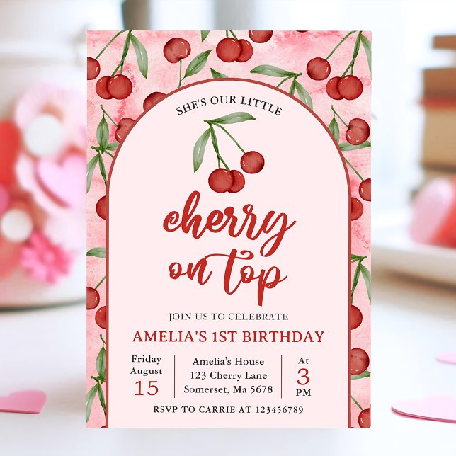 Coquette Red Cherry 1st Birthday Party Invitation (Creator Uploaded)