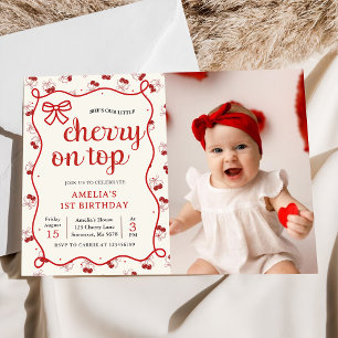 Coquette Red Cherry 1st Birthday Photo Invitation