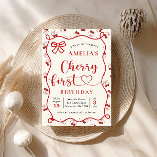 Coquette Red Cherry First Birthday Invitation