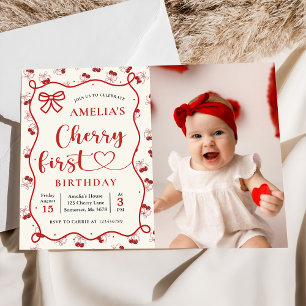 Coquette Red Cherry First Birthday Photo Invitation