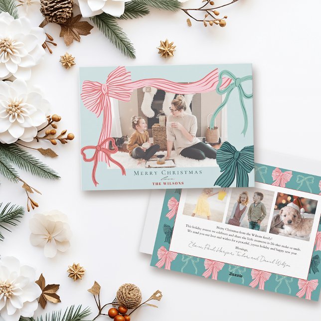 Coquette Red & Green Bows 4 Photo Green Christmas Holiday Card (Creator Uploaded)