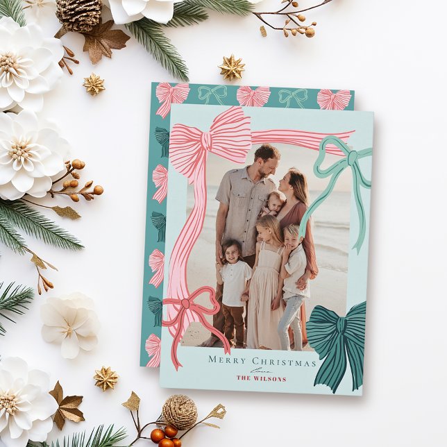 Coquette Red & Green Bows Green Photo Christmas Holiday Card (Creator Uploaded)