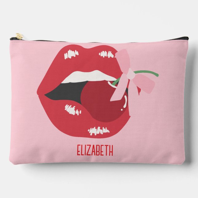 Coquette Red Lips Pink Ribbon Bow Accessory Pouch (Front)