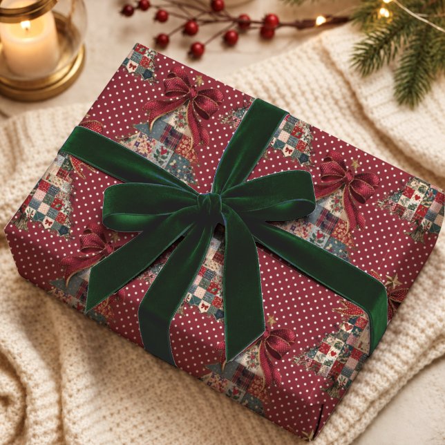Coquette Red Patchwork Polka Dot Christmas Trees Wrapping Paper (Creator Uploaded)