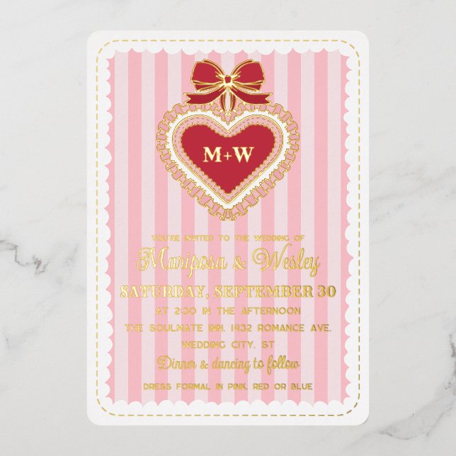 Coquette Red Pink Ruffled Heart Stripes Wedding (Front)