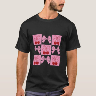 Coquette Ribbon Cherry Coquette Bow Pink Checked A T-Shirt