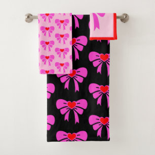Coquette Ribbon Pattern Red Pink Black y2k Bath Towel Set