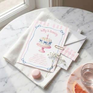 Coquette Ribbon Pink Stripe Birthday Cake 1st Invitation