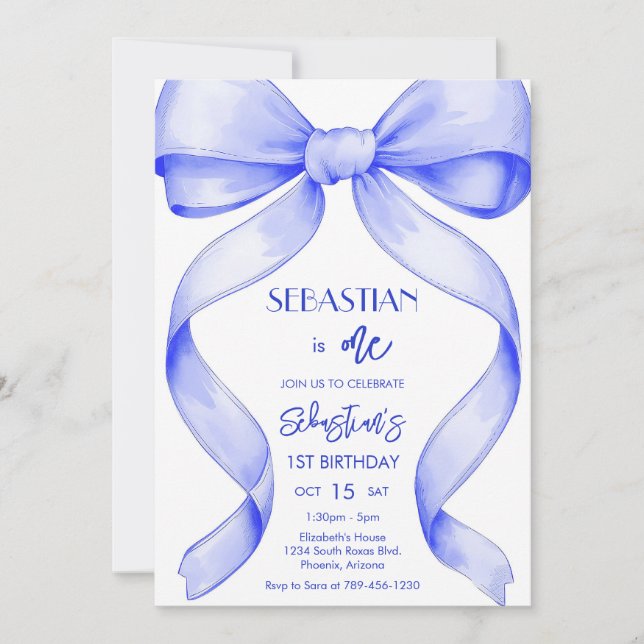 Coquette Royal Blue Bow Birthday Invitation (Front)
