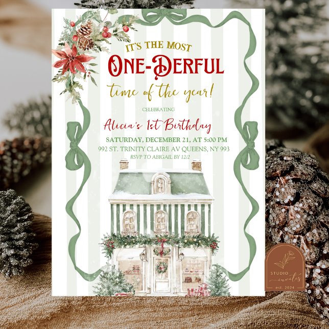 Coquette Sage Green Christmas Sweet First Birthday Invitation (Creator Uploaded)