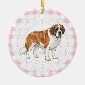 Coquette Saint Bernard Dog Pink Gingham Bows Ceramic Tree Decoration