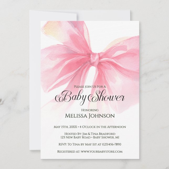 Coquette Script Pink Bow Girl Baby Shower Invitation (Front)