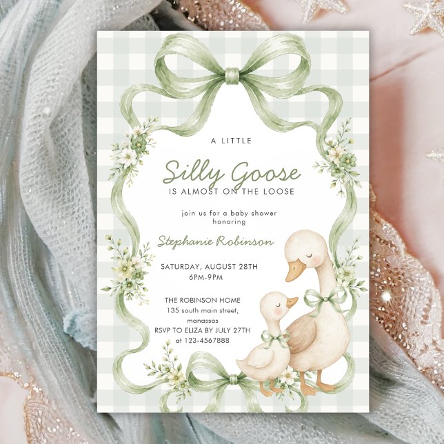 Coquette Silly Goose Sage Bow Gingham Baby Shower Invitation (Creator Uploaded)