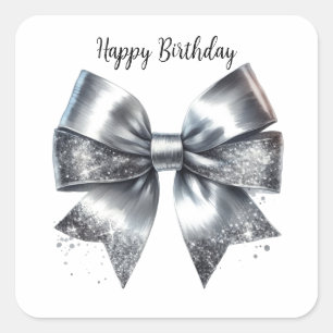 Coquette Silver Metallic Bow Birthday Square Sticker