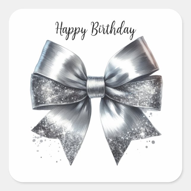Coquette Silver Metallic Bow Birthday Square Sticker (Front)