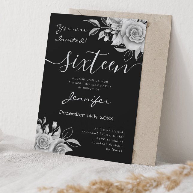 Coquette Silver Sweet 16 Floral Glam Black Invitation (Coquette Silver Sweet 16 Floral Glam Black Invitation)