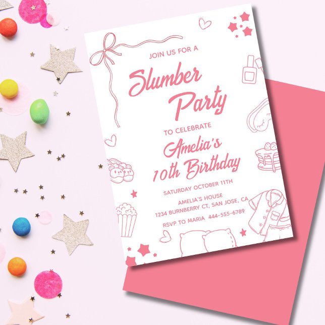 Coquette Slumber Party Invitation for Girls (Pink coquette kids pajama party invite with bows, pastel details, and cute girly sleepover icons.)