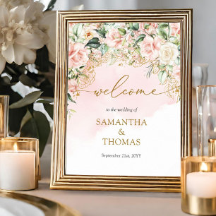 Coquette soft pink roses gold Wedding Welcome Poster