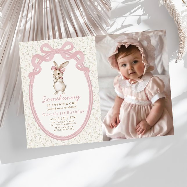 Coquette Some Bunny 1st Birthday Photo Invitation (Creator Uploaded)