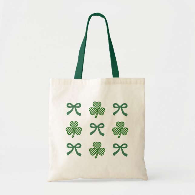 Coquette St. Patrick’s Day Green Ribbons & Clovers Tote Bag (Front)