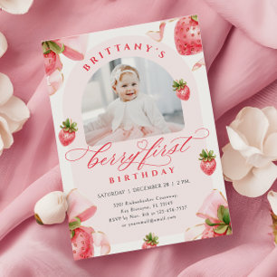 Coquette Strawberry 1st Birthday Invitation