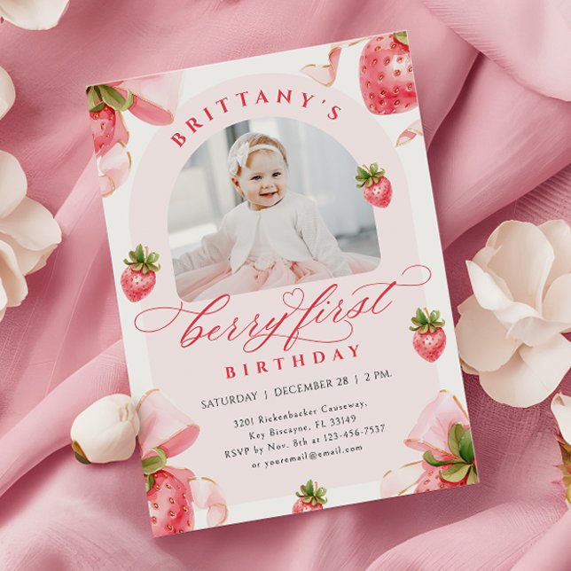 Coquette Strawberry 1st Birthday Invitation (Creator Uploaded)